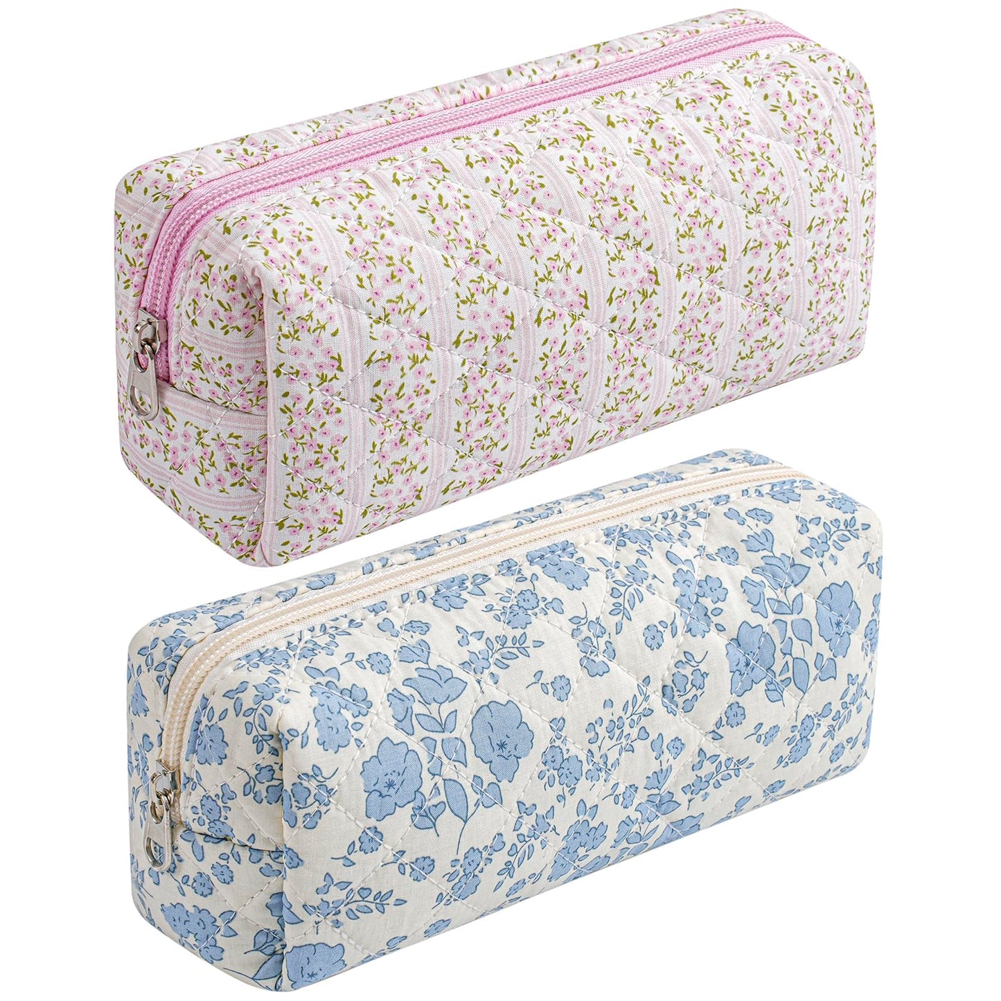 HHQQWZ Cute Floral Cotton Makeup Brush Cosmetic Bag for Women, Travel Quilted Zipper Make Up Bag, Flowers Toiletry Organizer Case Kawaii Makeup Cosmetic Travel Cloth Pouch (Pink+Blue Floral)