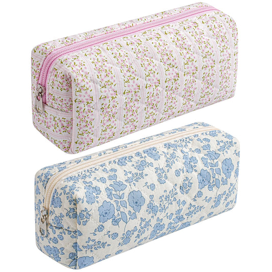 HHQQWZ Cute Floral Cotton Makeup Brush Cosmetic Bag for Women, Travel Quilted Zipper Make Up Bag, Flowers Toiletry Organizer Case Kawaii Makeup Cosmetic Travel Cloth Pouch (Pink+Blue Floral)