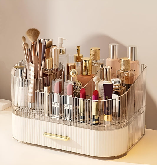 SpaceLuxe Makeup Organizer with Drawers and 360° Rotating Brush Holder, Large Capacity Cosmetic Storage for Vanity, Skincare, Perfume, Hair Accessories, Lipstick & Jewelry (Cream White, 2-layer)