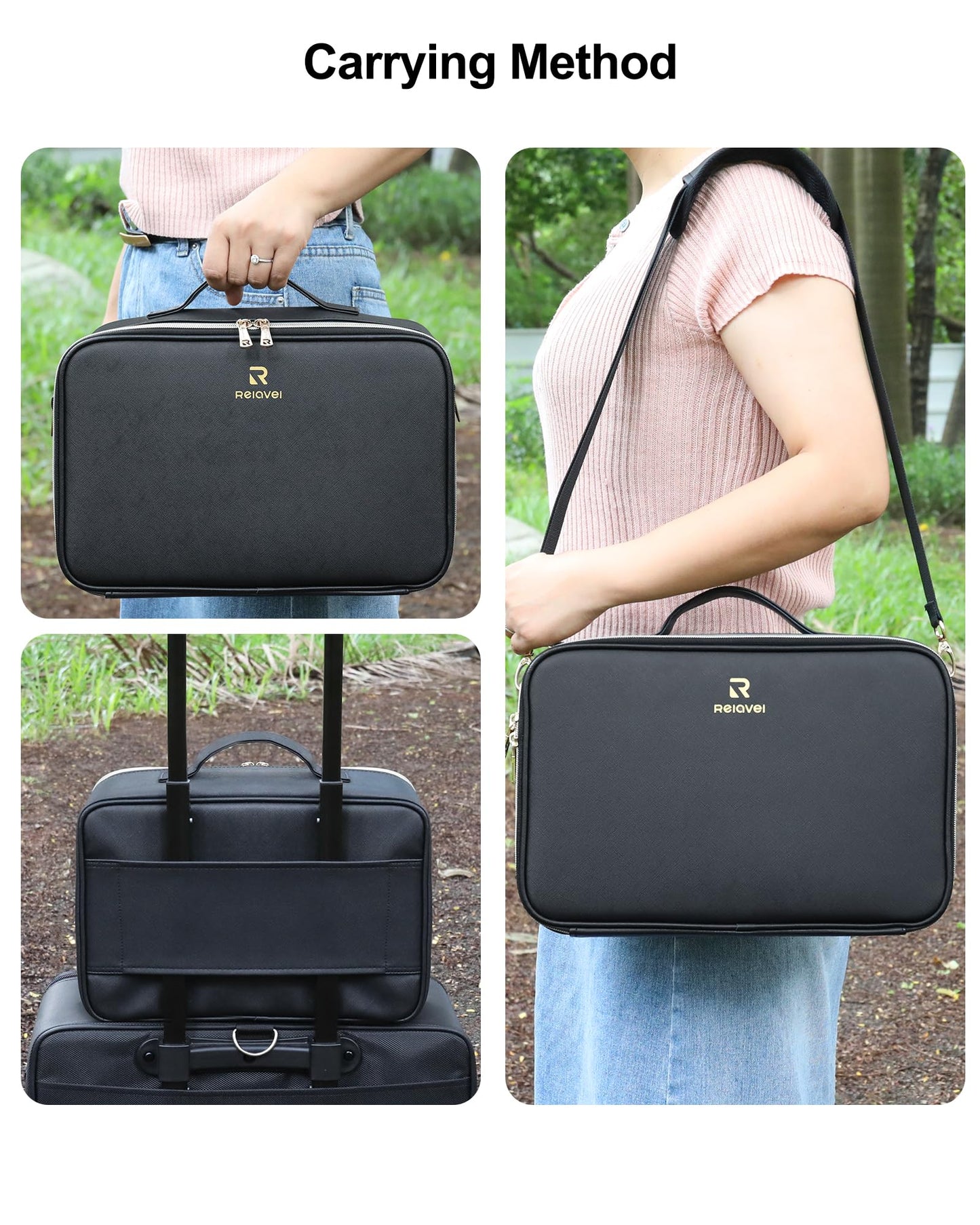 Relavel Makeup Train Case With LED Mirror, Professional Travel Cosmetic Bag with Removable Partitions,Compact Makeup Organizer, Waterproof Toiletry Case for Women, Black