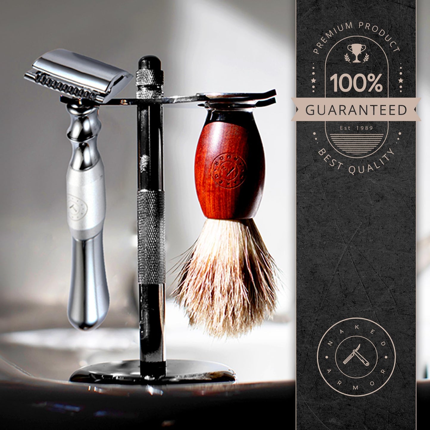 Naked Armor Safety Razor Stand Kit – Safety Razor, Razor and Brush Stand, Stainless Steel Shaving Bowl, Organic Shaving Soap Puck and 5-Blade Pack, Complete Wet Shaving Kit for Men for Smooth, Comfortable Shaves