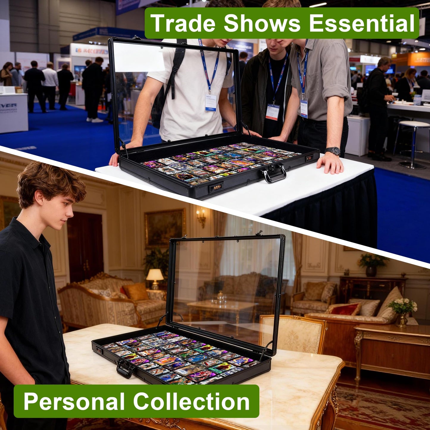 JIAYAN Trading Card Display Case: 34"x22" Aluminum Display Case with 2 Password Lock for Exhibitions - Portable Trade Show Display Table Top Showcase with Handle for Collectible Cards (Black)
