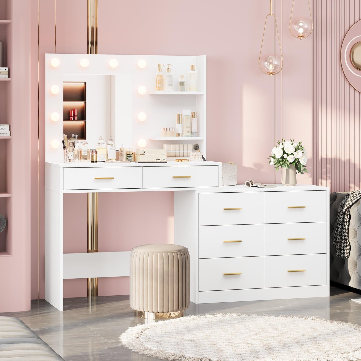 GarveeHome 61 in Make Up Vanity Desk with Mirror and Lights, White Vanity with 8 Wide Storage Drawers & 2 Tier Shelves, 3 Lighting Modes with Adjustable Brightness for Bedroom