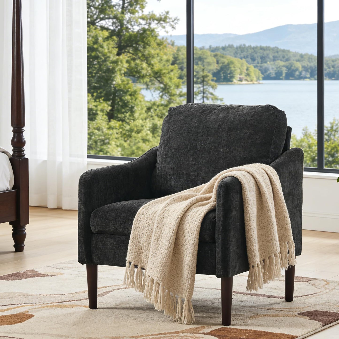 Mid-Century Modern Side Chair, Chenille Fabric Comfy Reading Chair for Adults, Curved Armchair, Modern Cloud Single Sofa Accent Chair for Bedroom, Living Room, Office & Waiting Room,Black