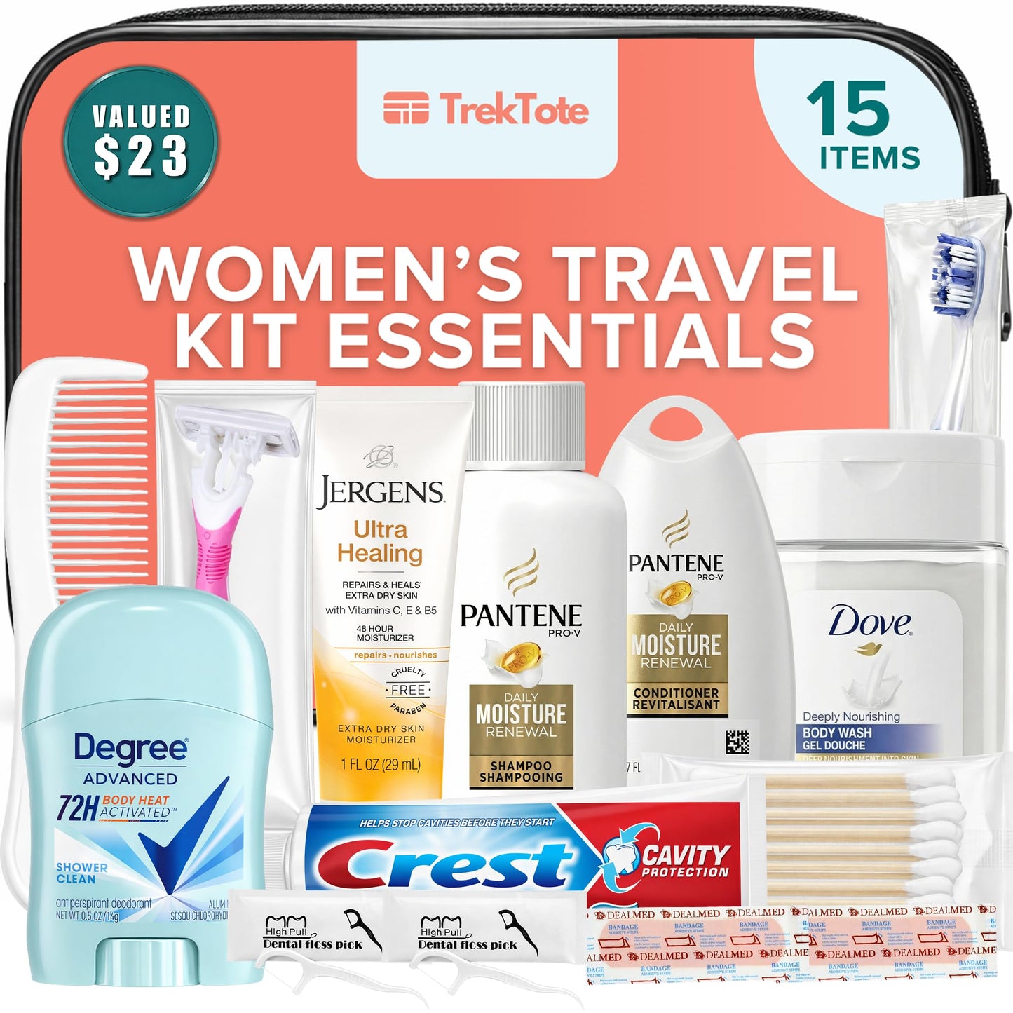 TrekTote 15-Piece Women’s Travel Toiletry Kit – Premium Brand-Name Shampoo, Conditioner, Body Wash, Deodorant & Toothpaste, TSA Approved Travel Size Set with Clear Bag