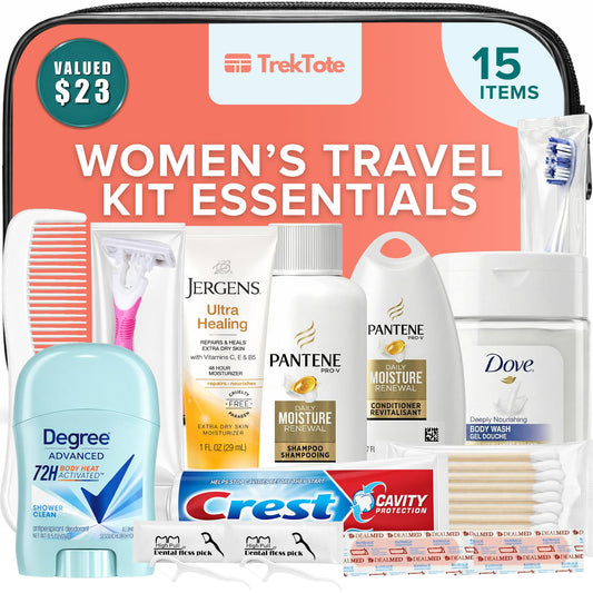 TrekTote 15-Piece Women’s Travel Toiletry Kit – Premium Brand-Name Shampoo, Conditioner, Body Wash, Deodorant & Toothpaste, TSA Approved Travel Size Set with Clear Bag