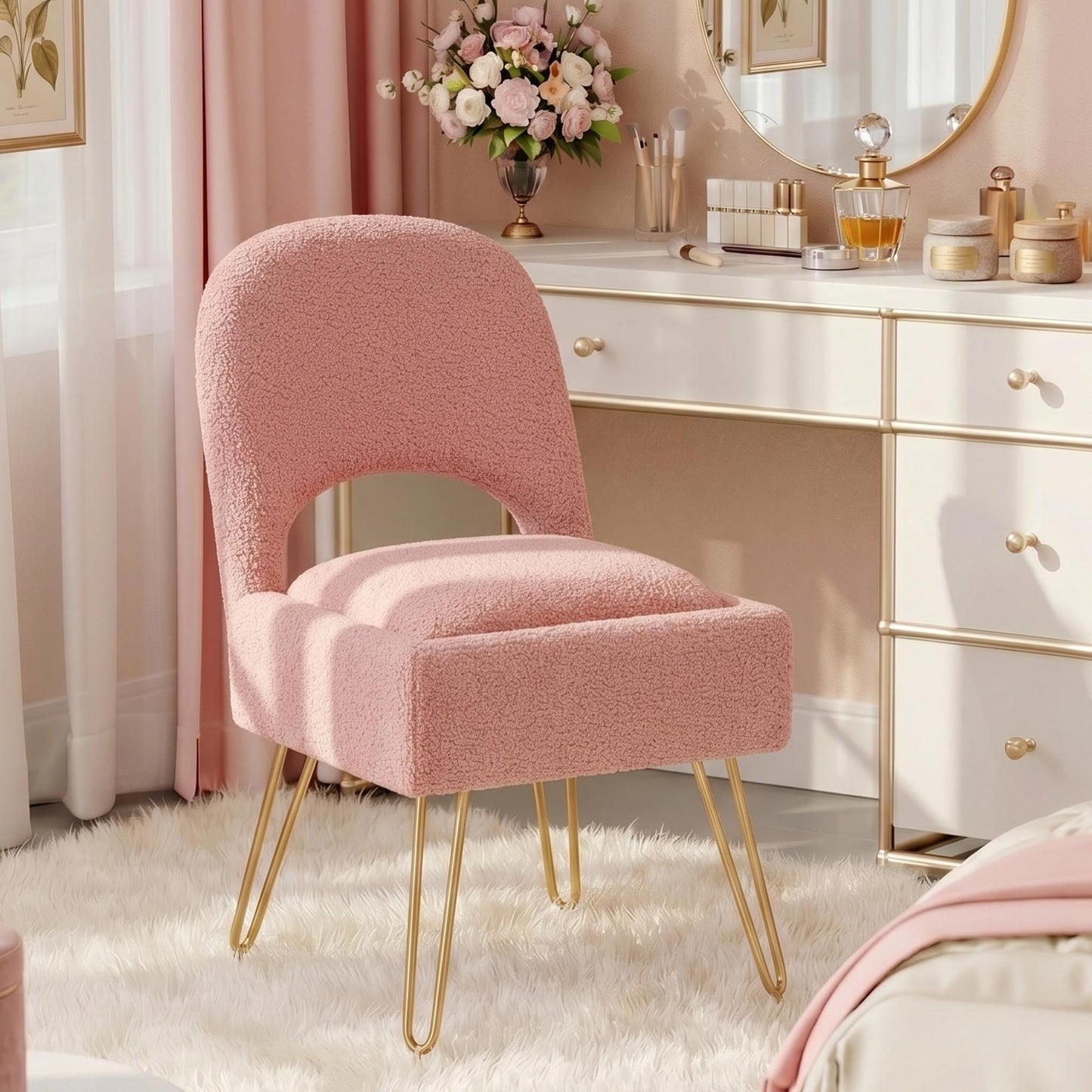 Furnistyle Vanity Chair with Storage & Folding Backrest, Cute Pink Faux Fur Vanity Stool, Comfy Padded Make Chair for Makeup Bedroom, Adjustable Back & Plush Cushion Seat,16.6" Wide 11L Storage Space