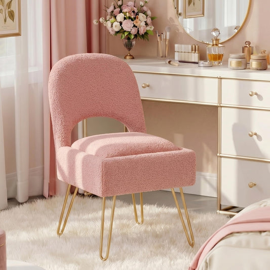 Furnistyle Vanity Chair with Storage & Folding Backrest, Cute Pink Faux Fur Vanity Stool, Comfy Padded Make Chair for Makeup Bedroom, Adjustable Back & Plush Cushion Seat,16.6" Wide 11L Storage Space