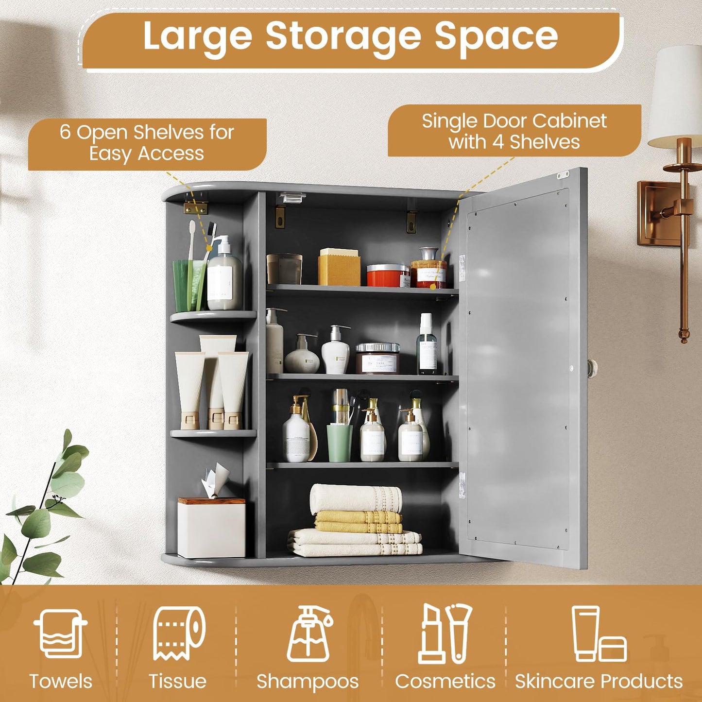 Tangkula Bathroom Wall Cabinet with Mirror, Modern Medicine Cabinet with Mirrored Door, 4 Internal Shelves & 6 Side Open Shelves, Wall Mounted Space-Saving Storage Organizer