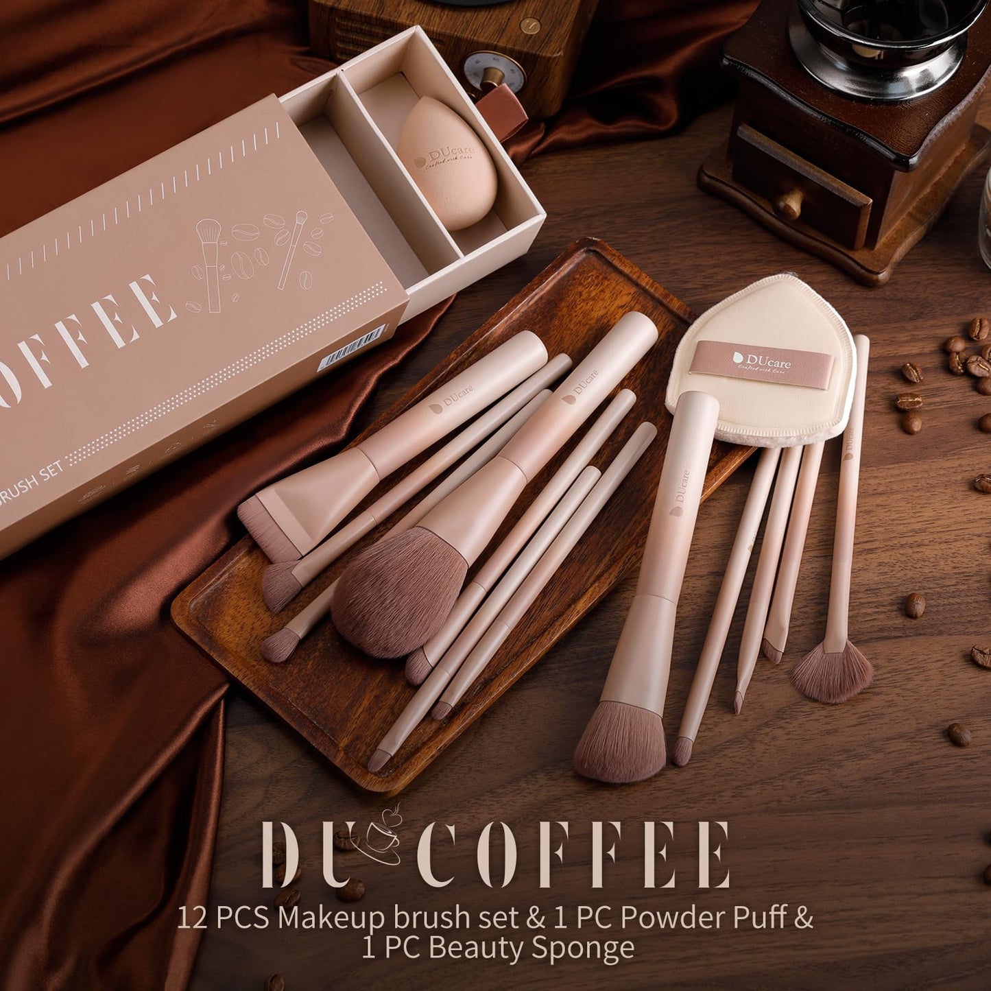 DUcare 14pcs Makeup Gift Set,12Pcs Coffee Series Makeup Brush set with 2pcs Makeup Sponges Foundation Blending Face Powder Blush Eye Shadows Brushes