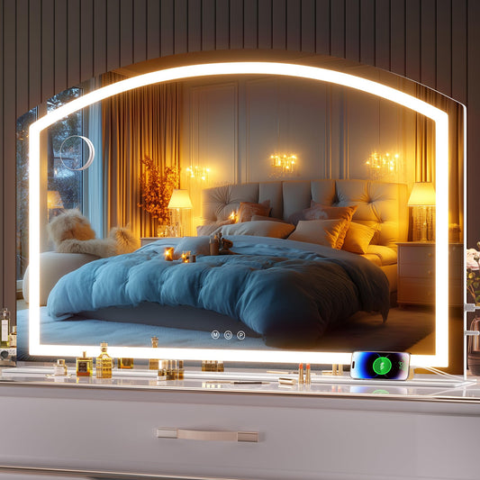 Hasipu 48" x32” Vanity Mirror with LED Lights, Arch Makeup Mirror with 10X Magnification, USB Charging Port, 3 Dimmable Color Modes, Gifts for Women Wife Teengirls