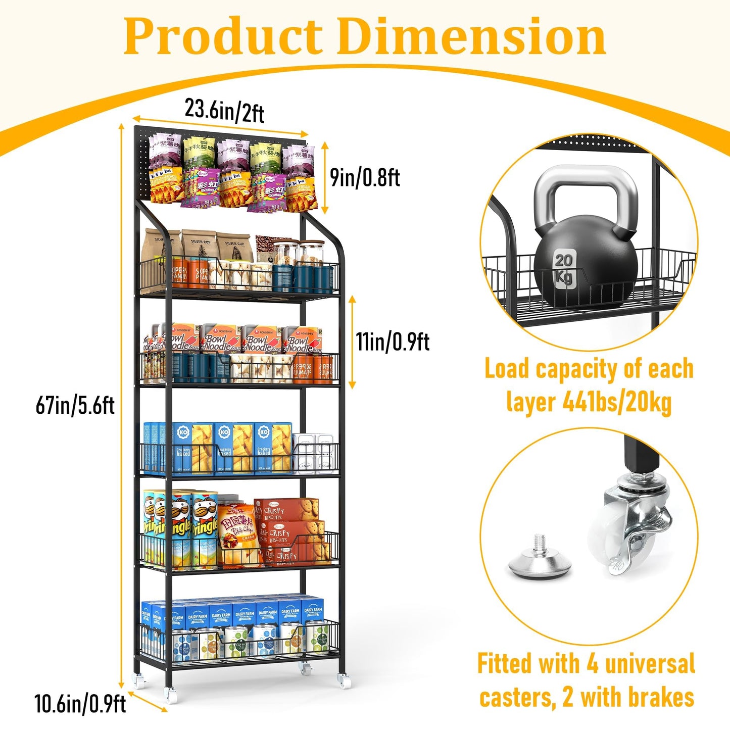 Wpokke Retail Snack Display Stand, 5-Tier Black Metal Storage Shelf Rack with Wheels & Hooks, Heavy Duty Retail Display Shelves for Snacks, Candy, Chips, Drinks, Organizer Rack for Store, Supermarket