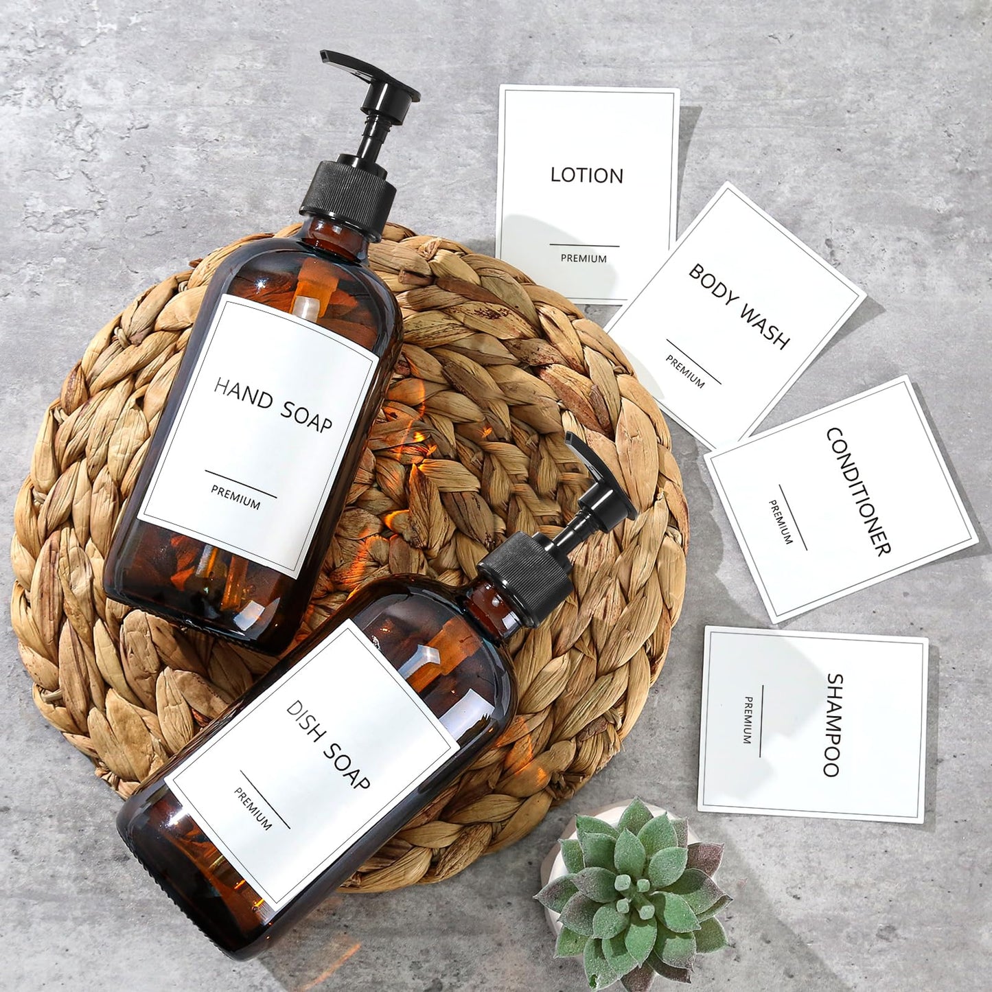 GMISUN Glass Shampoo and Conditioner Dispenser, Shower Soap Dispenser Bottles with Labels, Refillable Shampoo Conditioner Body Wash Dispensers, Amber Glass Soap Pump Dispenser Set for Bathroom Shower