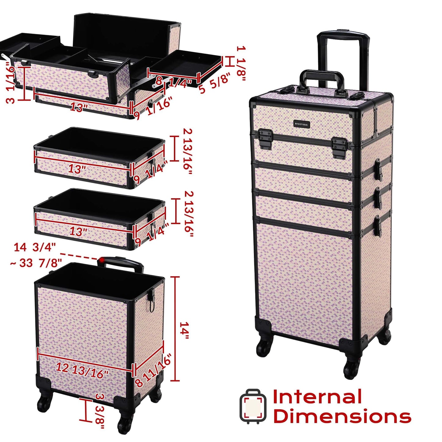BYOOTIQUE Makeup Train Case Trolley w/Cube Case Cosmetic Organizer Art Deco Tyrian