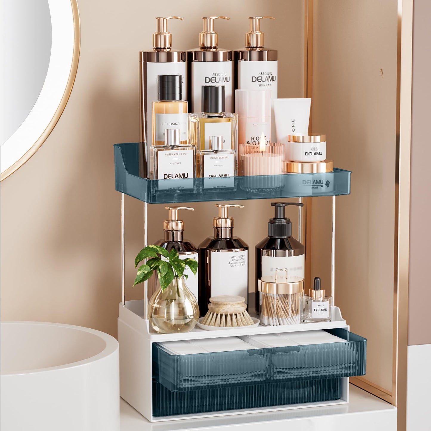 Delamu Bathroom Organizers and Storage, 2 Tier 2 Drawer Makeup Organizer Countertop, Easy to Install, Ideal for Bathroom Counter, Vanity, Blue