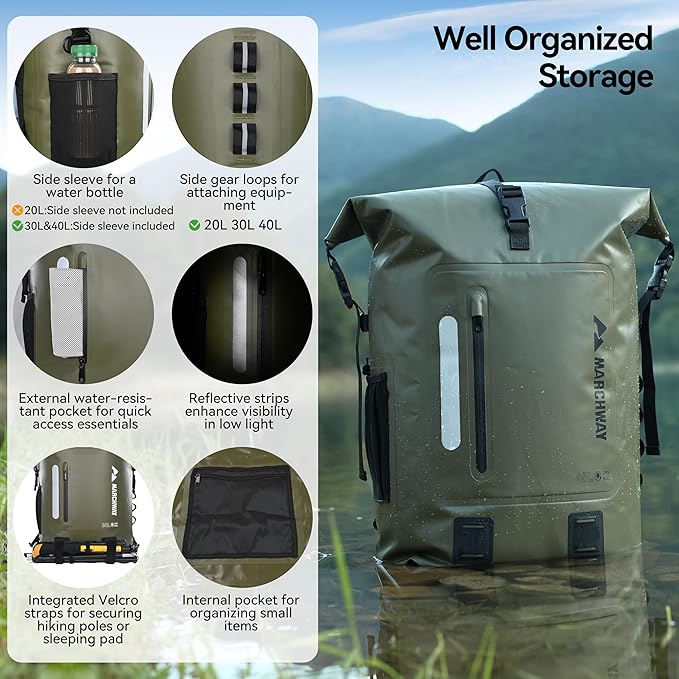 MARCHWAY Roll Top Waterproof Backpack, Floating Dry Bag 20L/30L/45L with Ergonomic Rectangular Base, Cushioned Back, Hip Strap for Hiking Camping Kayaking Travel (Army Green, 30L)