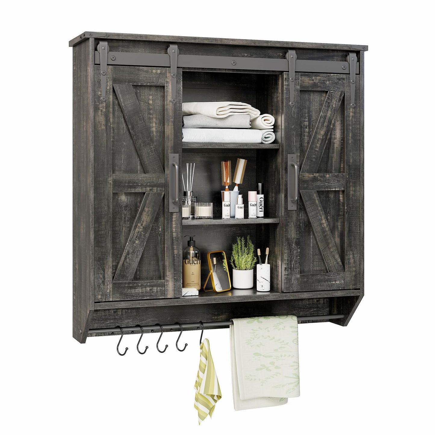 Trironsun Farmhouse Medicine Cabinet 2 Sliding Barn Doors 3 Tier Rustic Wood Wall Storage Cabinet Adjustable Shelf Towel Bar Wall Mounted Bathroom Wall Cabinet