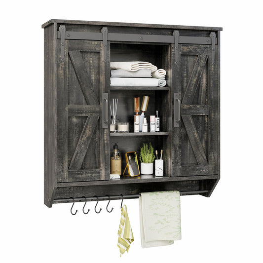 Trironsun Farmhouse Medicine Cabinet 2 Sliding Barn Doors 3 Tier Rustic Wood Wall Storage Cabinet Adjustable Shelf Towel Bar Wall Mounted Bathroom Wall Cabinet