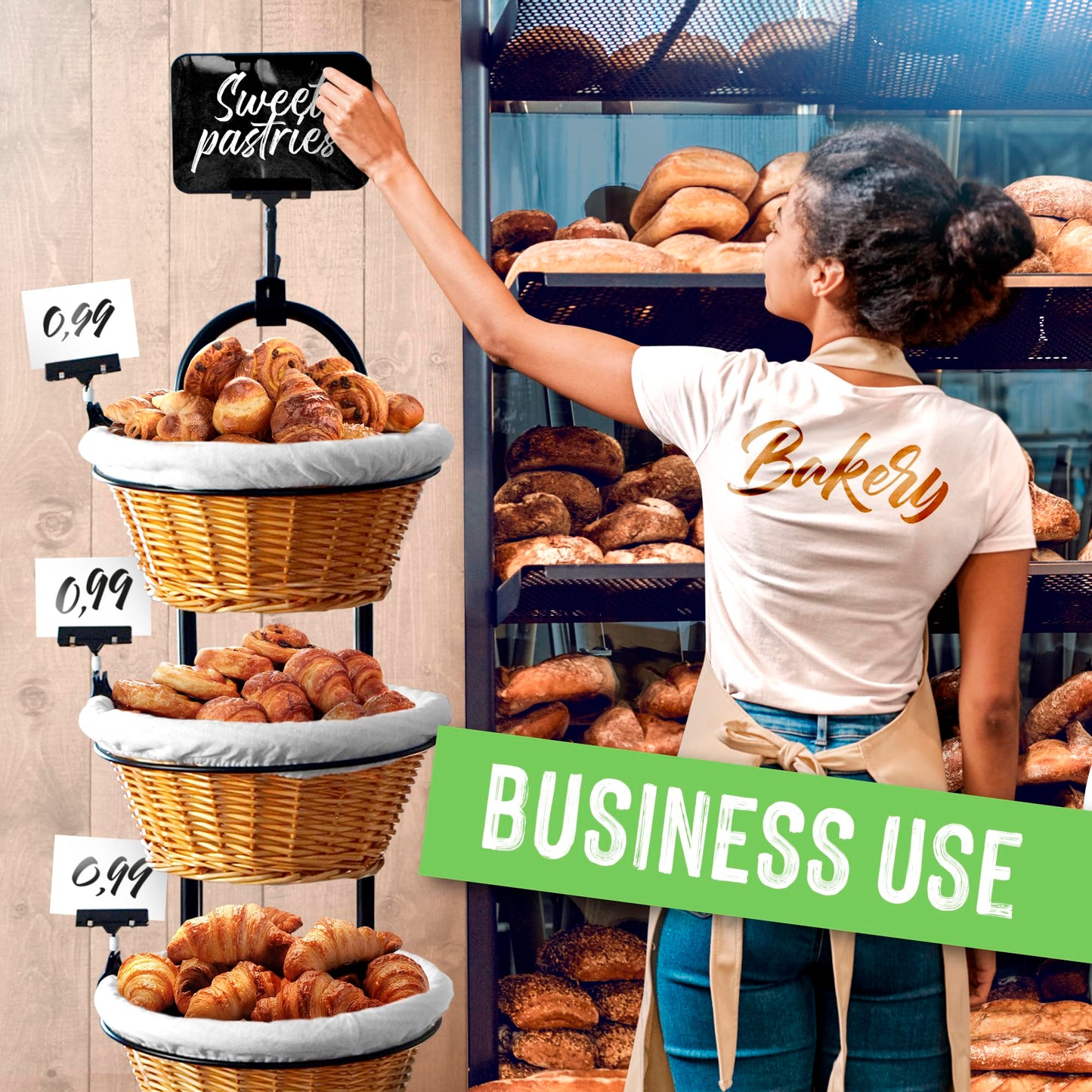 DS THE DISPLAY STORE 4 Tier Retail Display Stand with Wheels & Sign Clips, Brown Metal Market Display Rack Basket Stand, Farmers Market Display with Willow Baskets