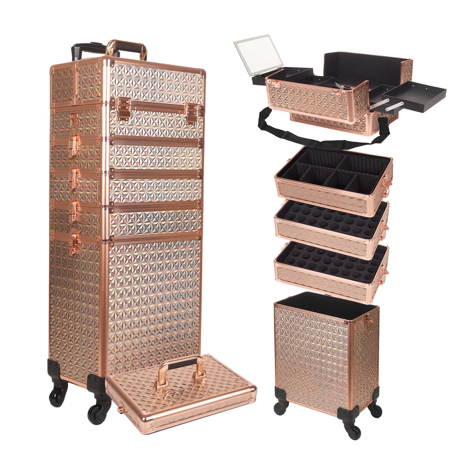 Yujesyde Rolling Makeup Train Case 6 in 1 with Mirror & Lock, Professional Makeup Travel Case, Large Cosmetic Organizer for Cosmetologists & Nails, Bonus 4 Replacement Wheels (6, Gold Holographic)