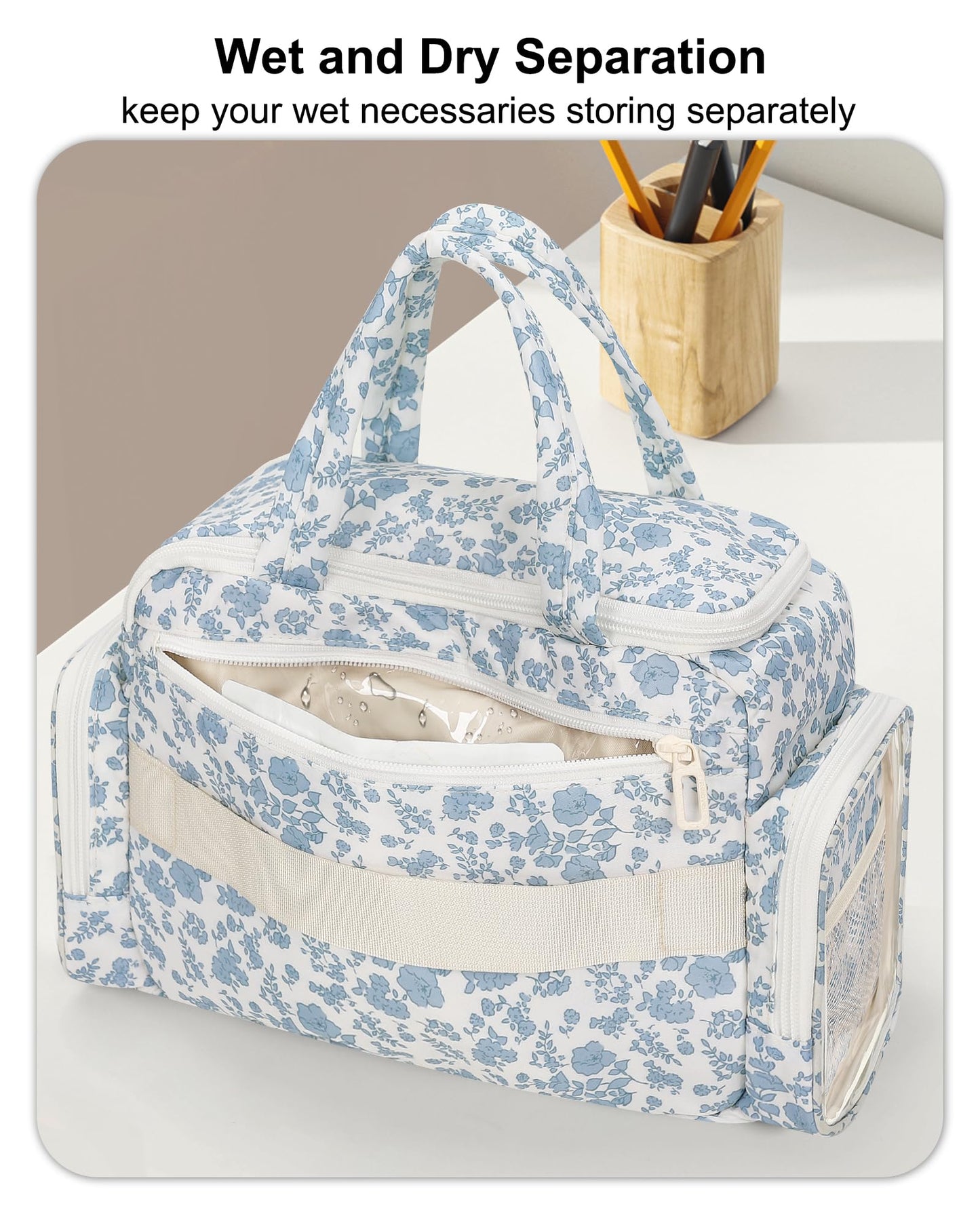 WGEAR Travel Makeup Bag, Lightweight Wide-open Toiletries Bag for Women, Large Cosmetic Organizer Bag with Makeup Brushes Compartment for Travel-Sized Essentials for Trip, Camping - Blue Flower