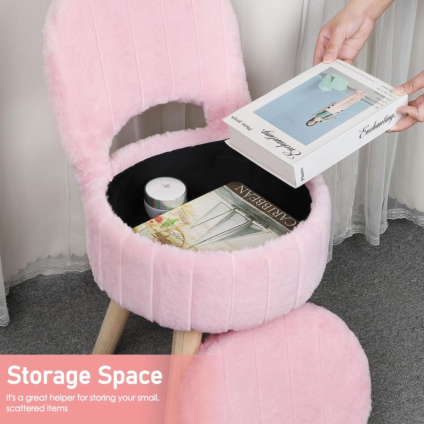 Small Vanity Stool Chair with Storage & Folding Back, Faux Rabbit Fur Soft Padded Seat Ottoman, 4 Solid Wood Legs Anti-Slip Feet, Stool for Vanity Desk for Makeuproom, Bedroom 12.9”x11.8”x27.9”（Pink）