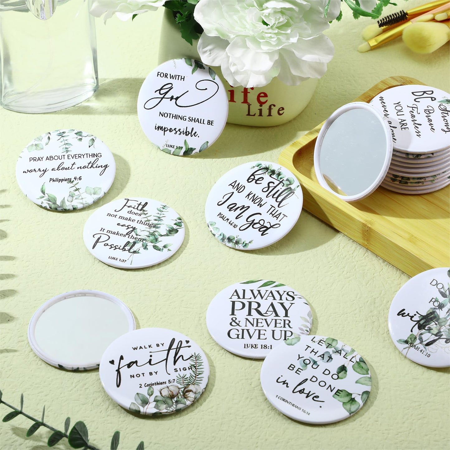 GlikCeil 36 Pcs Christian Compact Mirror Bulk for Women Inspirational Bible Verse Pocket Mirrors Mini Purse Makeup Mirror Christian Church Gift for Women VBS Church Party Favors
