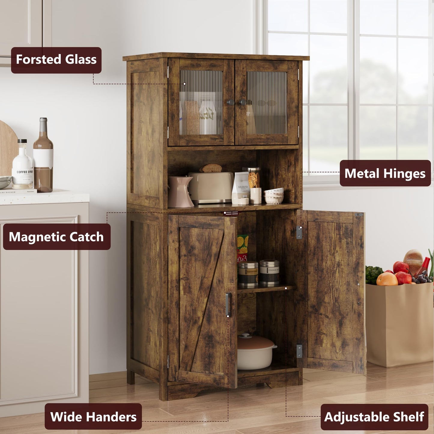 IDEALHOUSE 50" Tall Bathroom Cabinet, Freestanding Bathroom Storage Cabinet with 4 Doors and Adjustable Shelves, Cupboard Modern Storage Cabinet for Kitchen, Pantry, Living Room, Rustic Brown