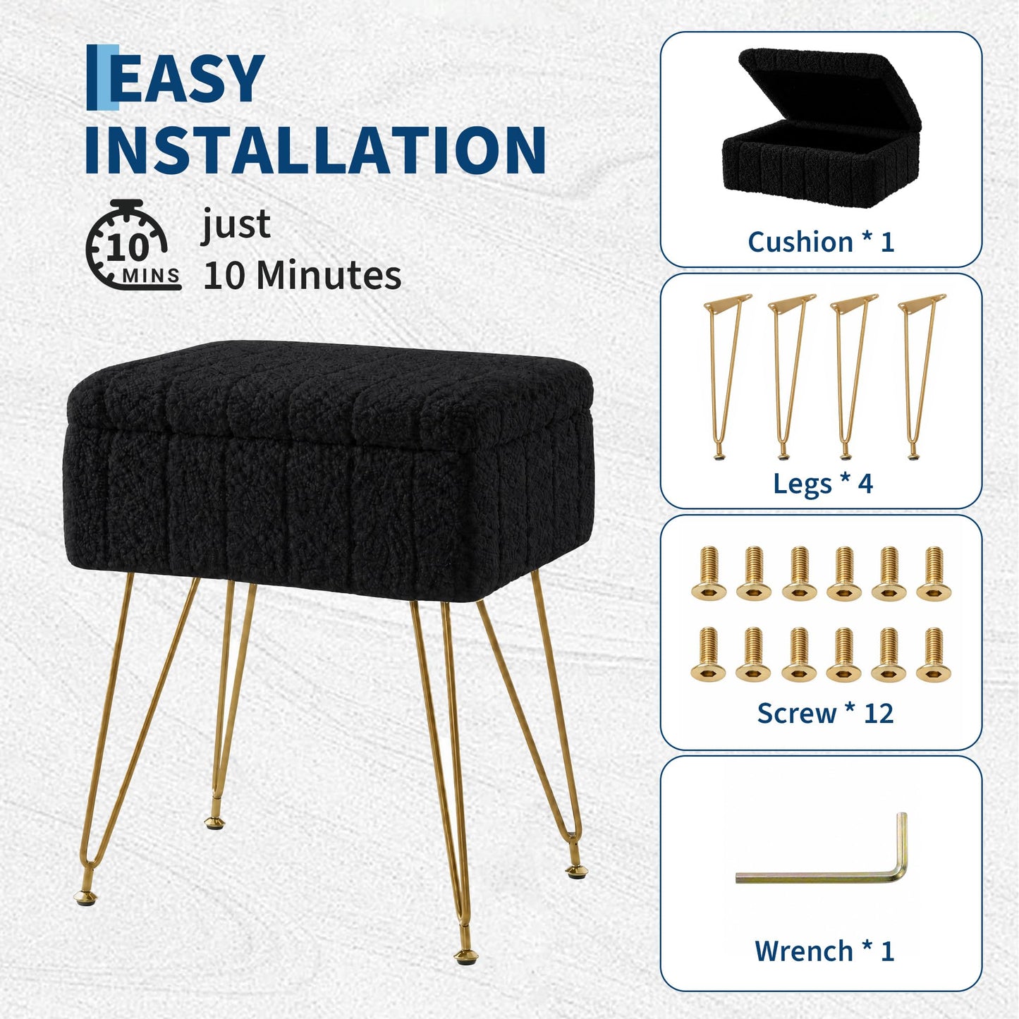 Garvee Vanity Stool with Storage, Faux Fur Ottoman with Metal Legs and Anti-Slip Feet, 15.7 x 11.8 x 18.7 Inches Soft Furry Padded Seat Foot Rest for Makeup Bedroom Living Room