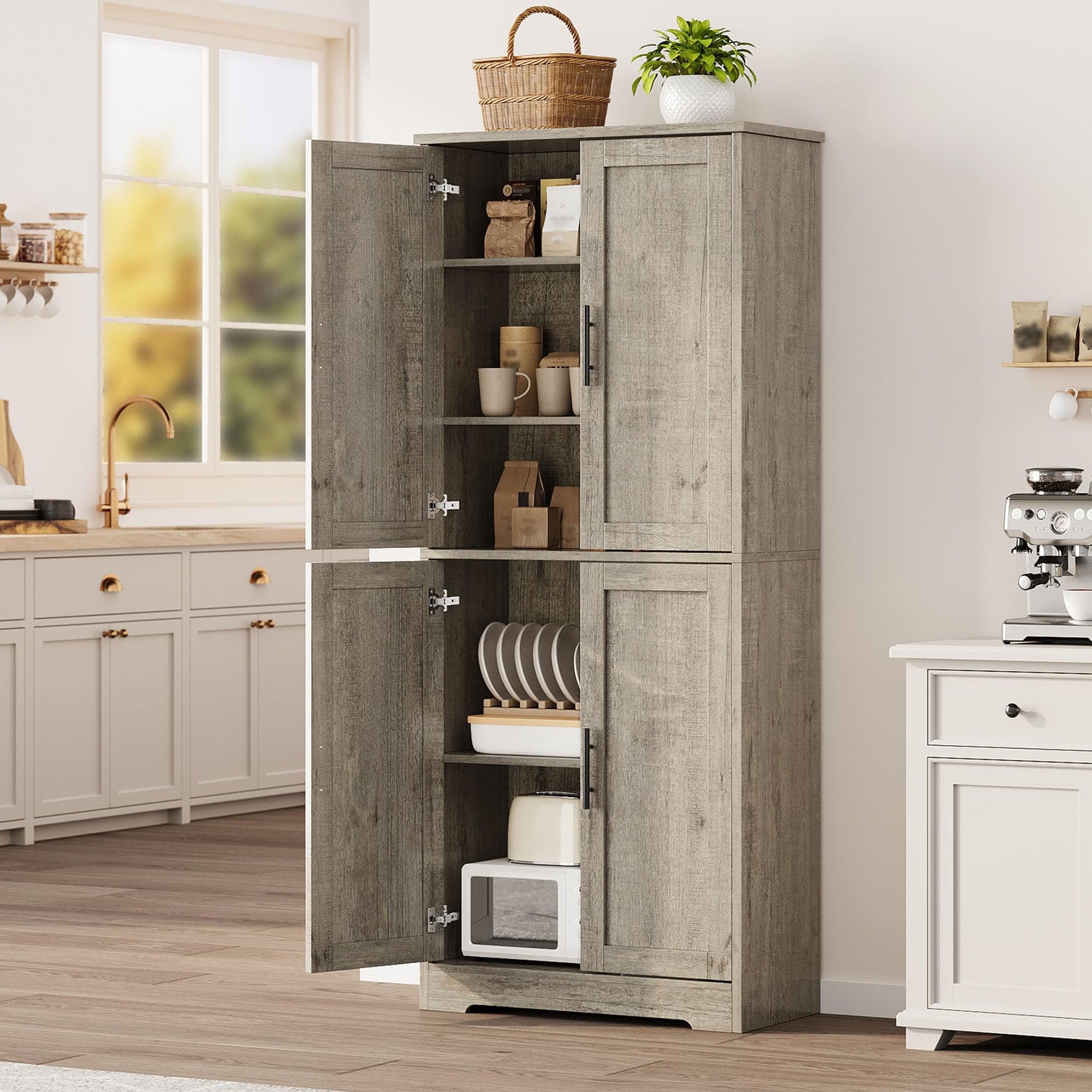 IDEALHOUSE Pantry Cabinet,70" Tall Kitchen Pantry Cabinet with 4 Doors and 3 Adjustable Shelves, Freestanding Cupboard, Modern Storage Cabinet for Bathroom, Dining Room, Living Room, Gray