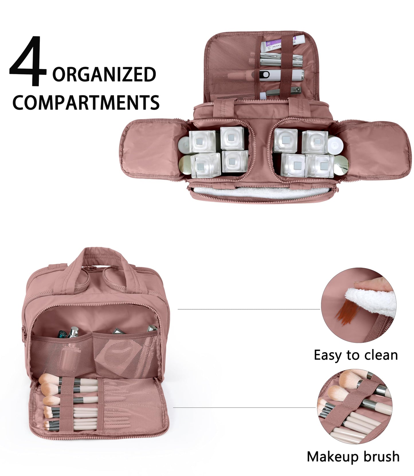 BUZFOWU Travel Toiletry Bag for Women, Large Wide-open Puffy Cosmetic Makeup Bag with Wet-Dry Separation, Multi-Pocket Organizer with Carry Handle for Toiletries, Cosmetics, Essentials, Dark Pink