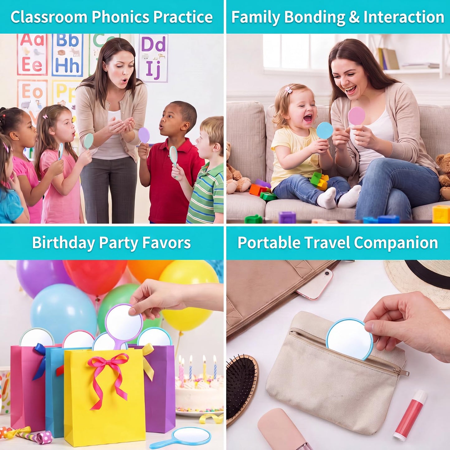 Jetec 25 Pcs Kids Classroom Handheld Mirrors Bulk with Handle, 3.94" Small Round Mirror for Phonics Speech Practice Positive Affirmation DIY Party Gifts Crafts (Blue Color Series)