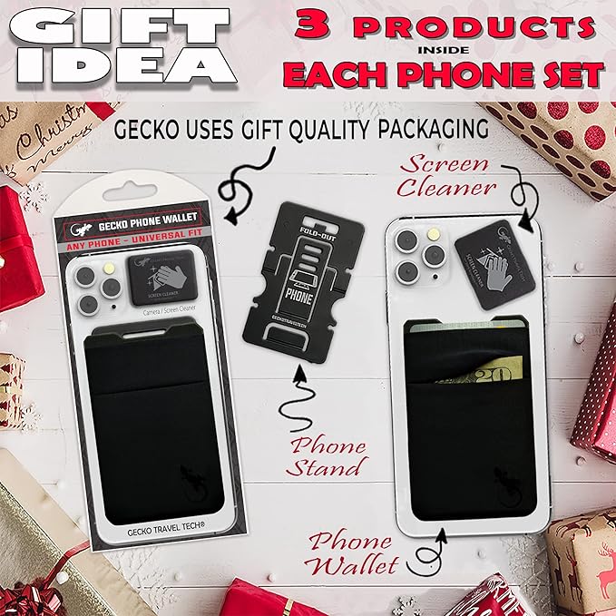 Double Pocket Gecko Phone Wallet - Adhesive Card Holder - Cell Phone Pouch - Stick on Spandex Pocket by Gecko - Carry Credit Cards and Cash – (BLACK-BLACK)