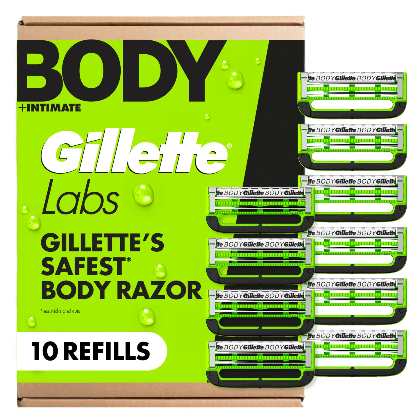 Gillette Labs Body + Intimate Razor Blades for Men, Anti-ingrown bar, 10 Blade Refills
