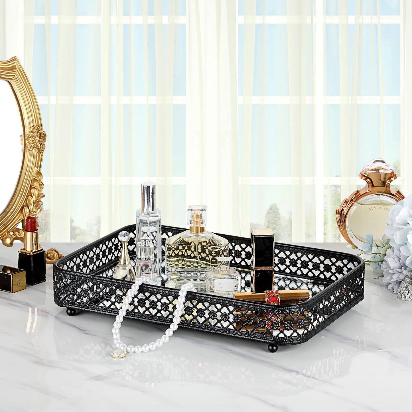 ELLDOO Black Perfume & Makeup Vanity Tray - Hollow-Carved Jewelry Storage, Glass & Metal Trinket Organizer for Dresser & Bathroom Countertop, Medium Size