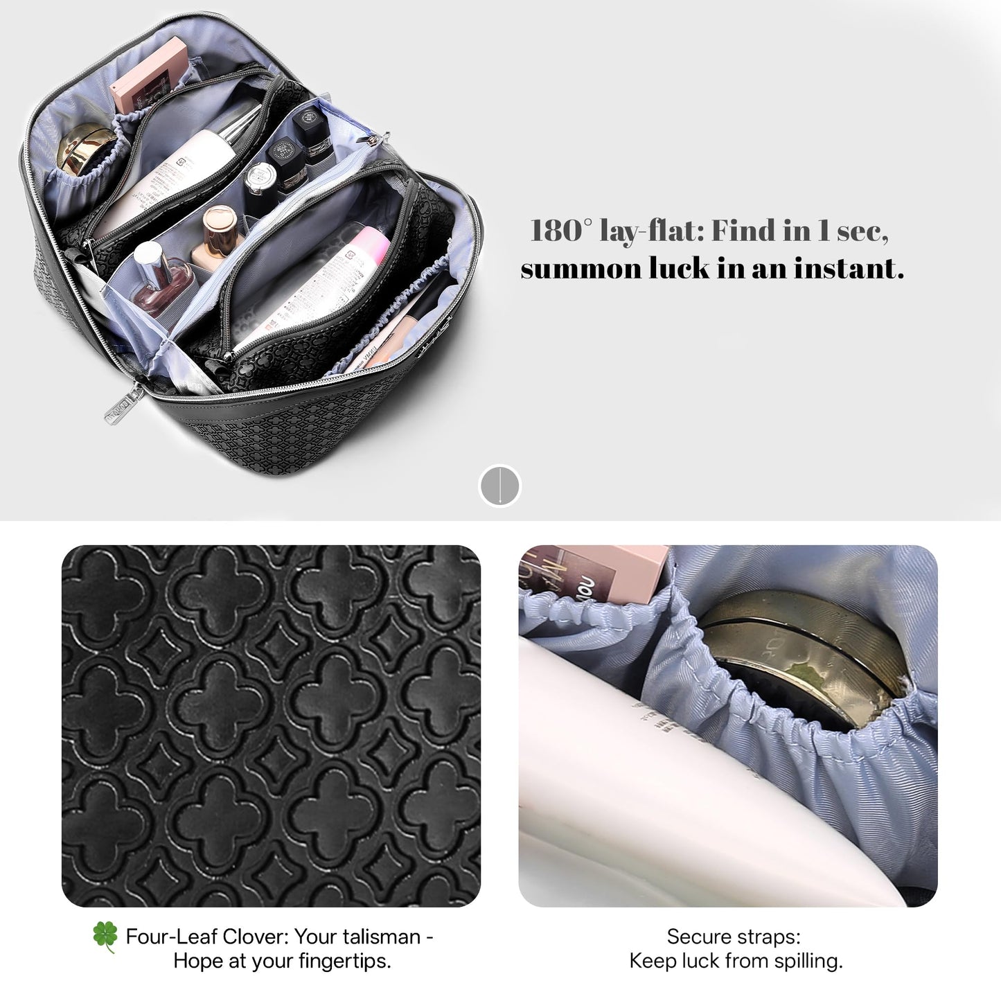BOYATU Travel Makeup Bag for Women: Four Leaf Clover Large Capacity 3 Pcs Set Cosmetic Bags - Waterproof 50% Extra Space for Toiletry Organizer - Travel Essentials for Fortunate (06 Black)
