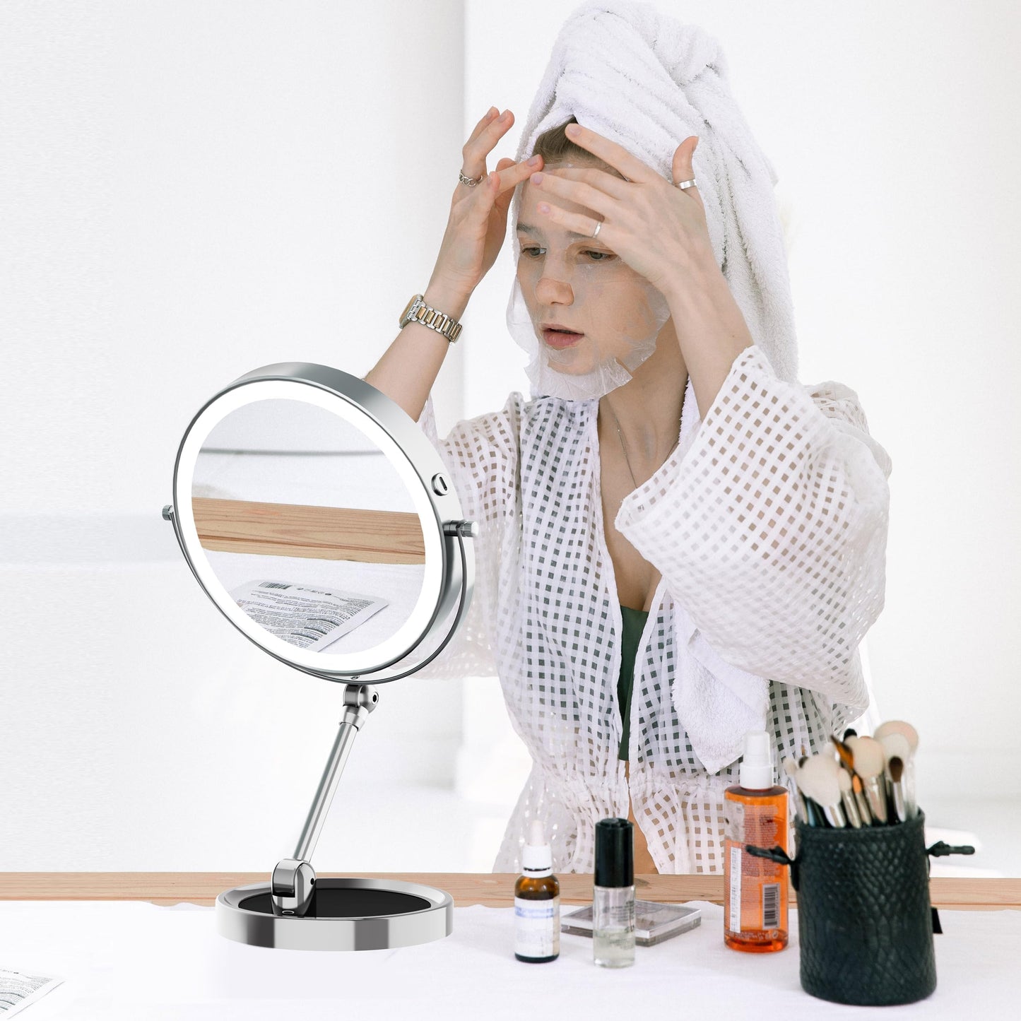 Rocollos Tabletop Makeup Mirror with Built-in Vanity Tray, 9" Rechargeable 4000mAh Lighted Vanity Mirror 1X/10X Magnification, Height-Adjustable Arm, 3 Color Dimmable (9Inch Chrome)