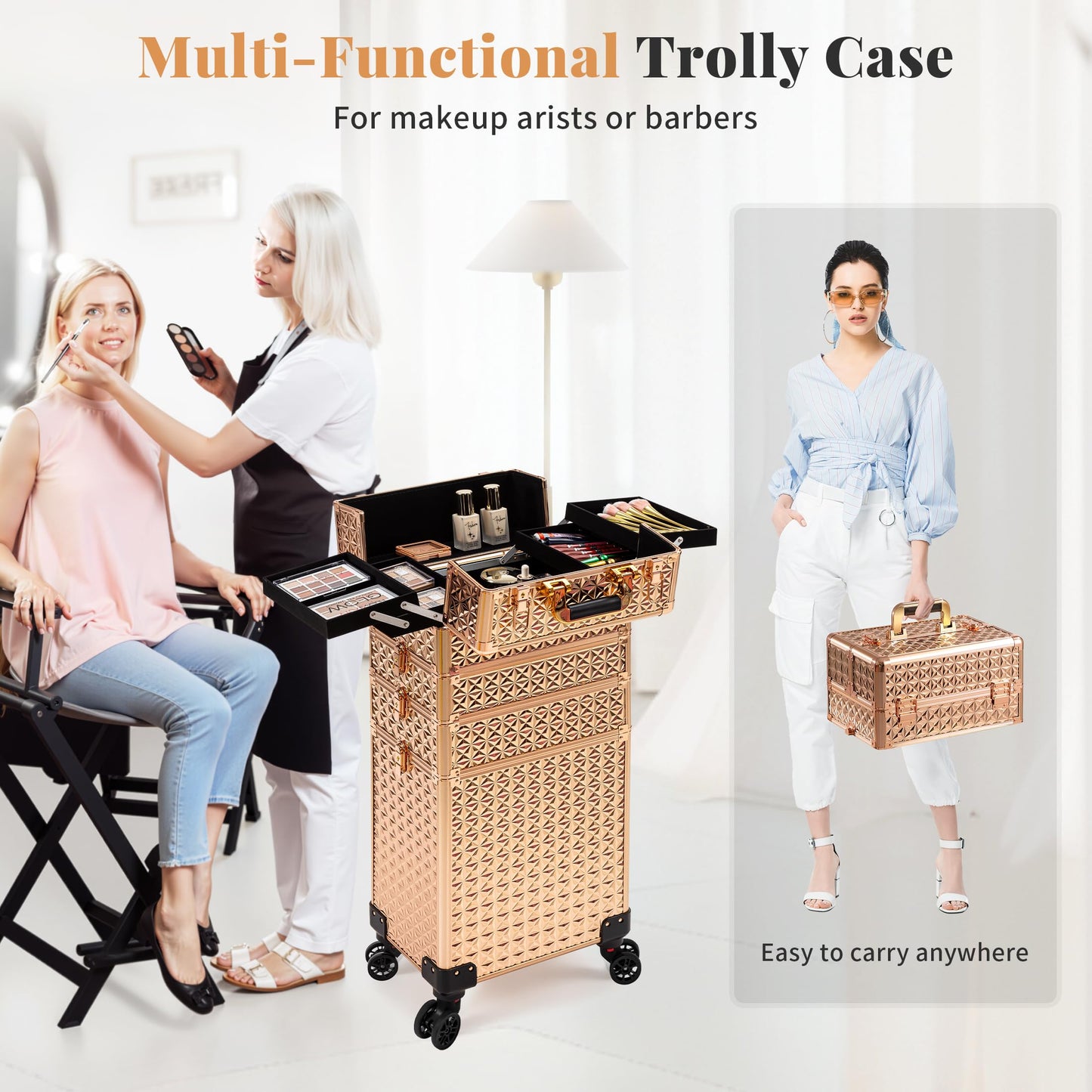AROUS 5 in 1 Rolling Makeup Train Case Cosmetology Case on Wheels Large Cosmetic Organizer Travel Cart for Hairstylist Artist Nail Beauty Salon Barber,Gold