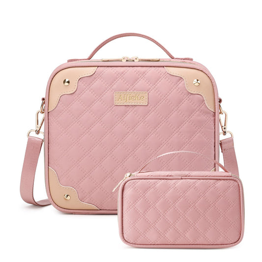 AIJIEKE Large Travel Makeup Bag with Compartments, Waterproof Cosmetic Case Organizer for Women, Portable Train Case Makeup Box with Removable Dividers, Shoulder Strap & Small Toiletry Bag, Pink
