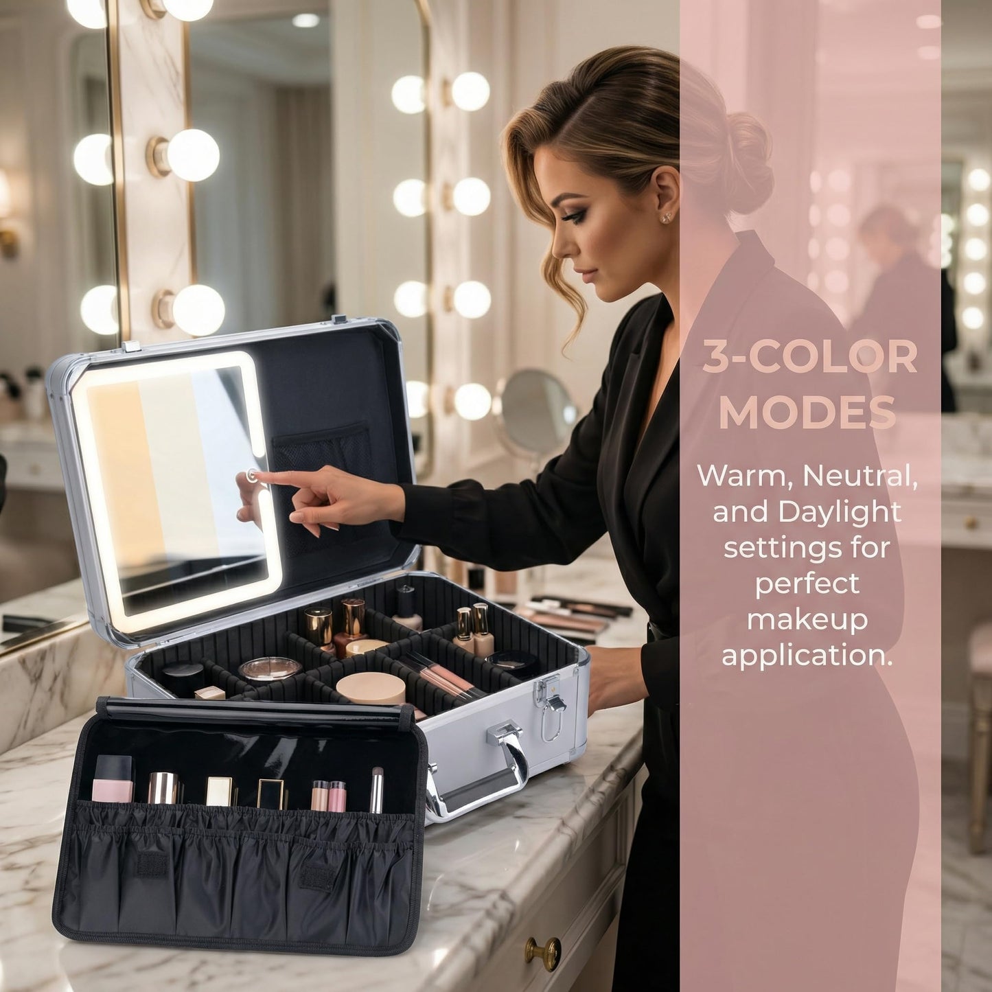 CHENGLIN Extra Large 15 inches Makeup Case with Lighted Mirror – Cosmetic Organizer with Adjustable Dividers, Magnetic LED Mirror, Portable Makeup Suitcase for Women (Silver)