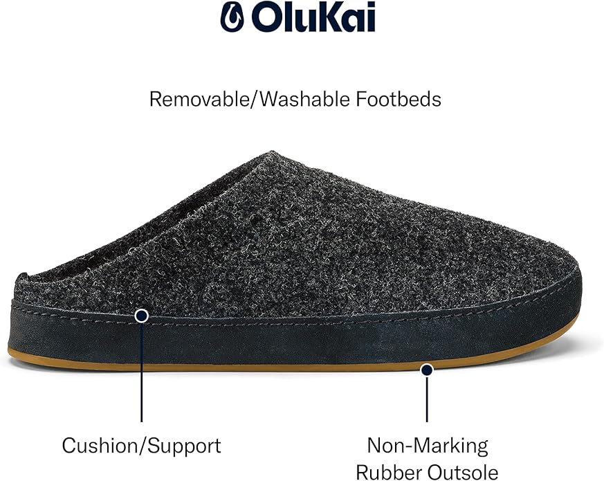 OLUKAI Hamani Hulu Men's Wool Mule Slippers, Soft & Comfortable Slippers with Premium Materials, Sheepskin Shearling & Italian Felt, All-Day Wear, Dk Shadow/Dk Shadow, 8