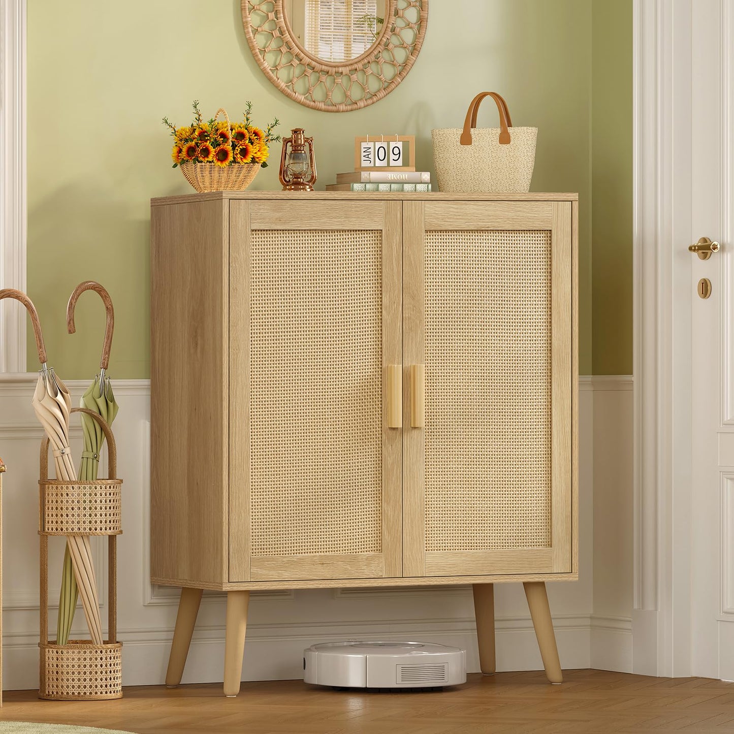 Iwell Storage Cabinet with 2 Shelves, Rattan Cabinet with 2 Doors, Sideboard Buffet Cabinets with Storage for Living Room, Dining Room, Entryway, Natural