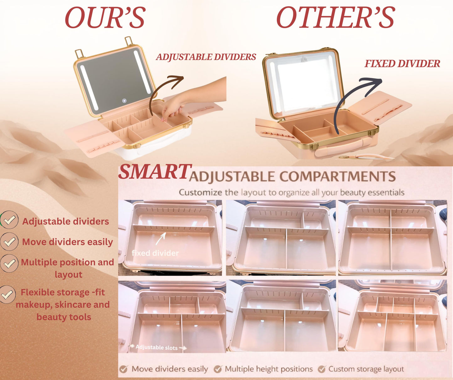 NJ GLAM Lighted Makeup Case with Mirror + 10x Mini Mirror - Portable, 3 LED Modes, Adjustable Dividers I Travel Makeup Train Case & Organizer I USB Rechargeable I (White)
