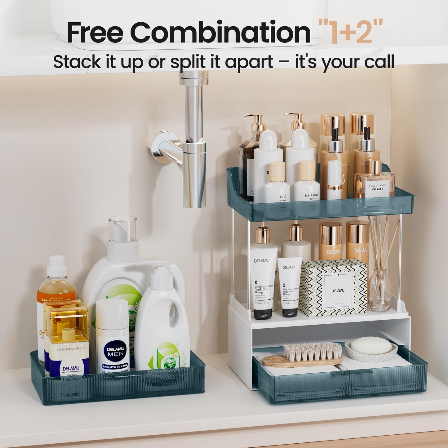 Delamu Bathroom Organizers and Storage, 2 Tier 2 Drawer Makeup Organizer Countertop, Easy to Install, Ideal for Bathroom Counter, Vanity, Blue