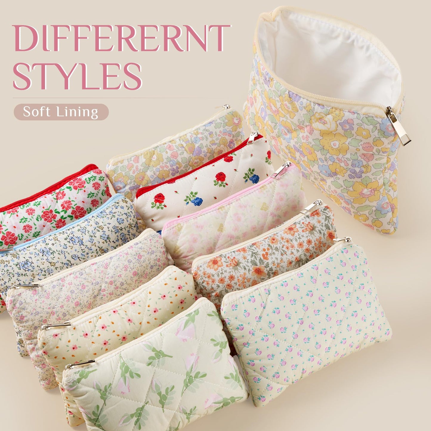 Paterr 10 Pcs Quilted Makeup Bag Bulk Cotton Floral Cosmetic Bag Women Girls Bridesmaid Gifts Cute Makeup Pouch Coquette Aesthetic Travel Toiletry Organizer(Rustic Floral,9.06 x 5.91 Inches)
