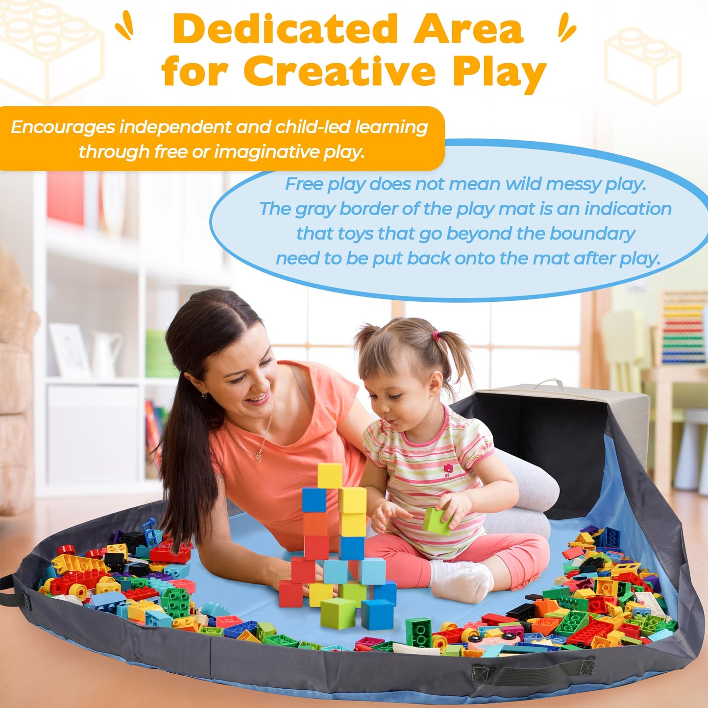 SAM AND MABEL Toy Storage Organizer with Attached Play Mat for Kids – 13" x 13" x 13" Stackable and Foldable Cubby Box Nursery Organizers, Storage Bins with Lid for Playroom (Cream Bamboo)