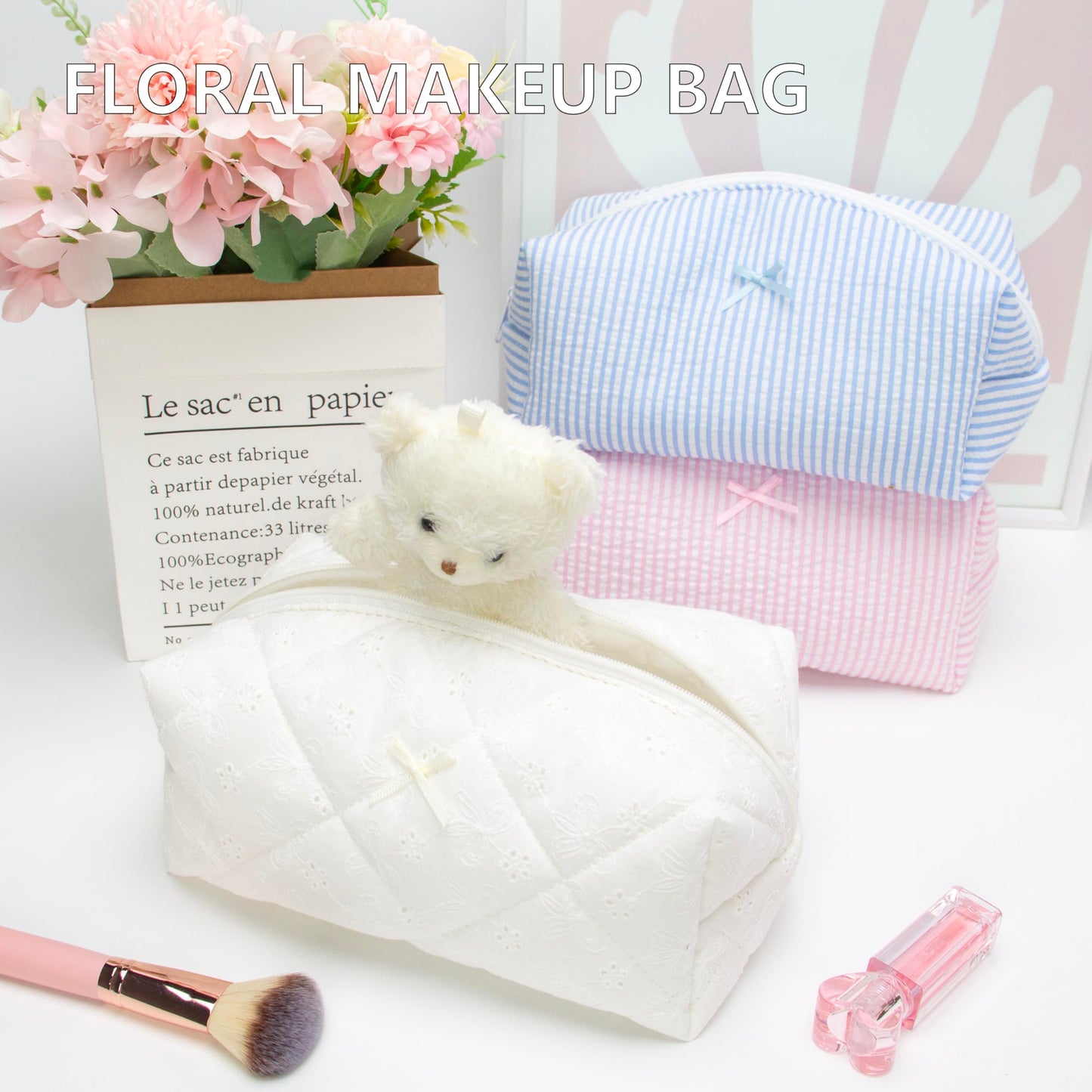 PAZIMIIK 6PCS Cozy Makeup Bag SET Travel Cosmetic Bag for Women Soft Toiletry Bag Aesthetic Makeup Organizer Portable Large Zipper Pouch for Skincare Beauty Accessories Brushes Embroidery White
