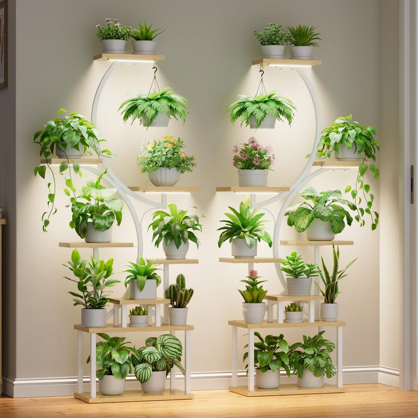 BACEKOLL Plant Stand Indoor with Grow Light - 2 Pack Tall Indoor Plant Shelf, 62" Corner Plant Holder, 8 Tiered Large S-Shape Flower Multiple Display Shelf for Home, White