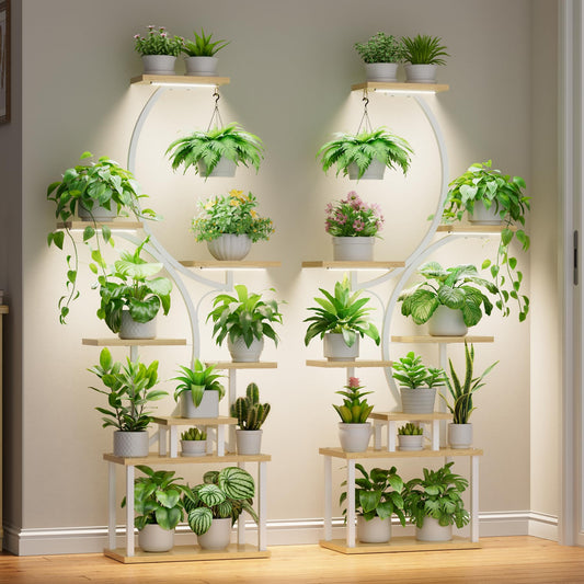 BACEKOLL Plant Stand Indoor with Grow Light - 2 Pack Tall Indoor Plant Shelf, 62" Corner Plant Holder, 8 Tiered Large S-Shape Flower Multiple Display Shelf for Home, White