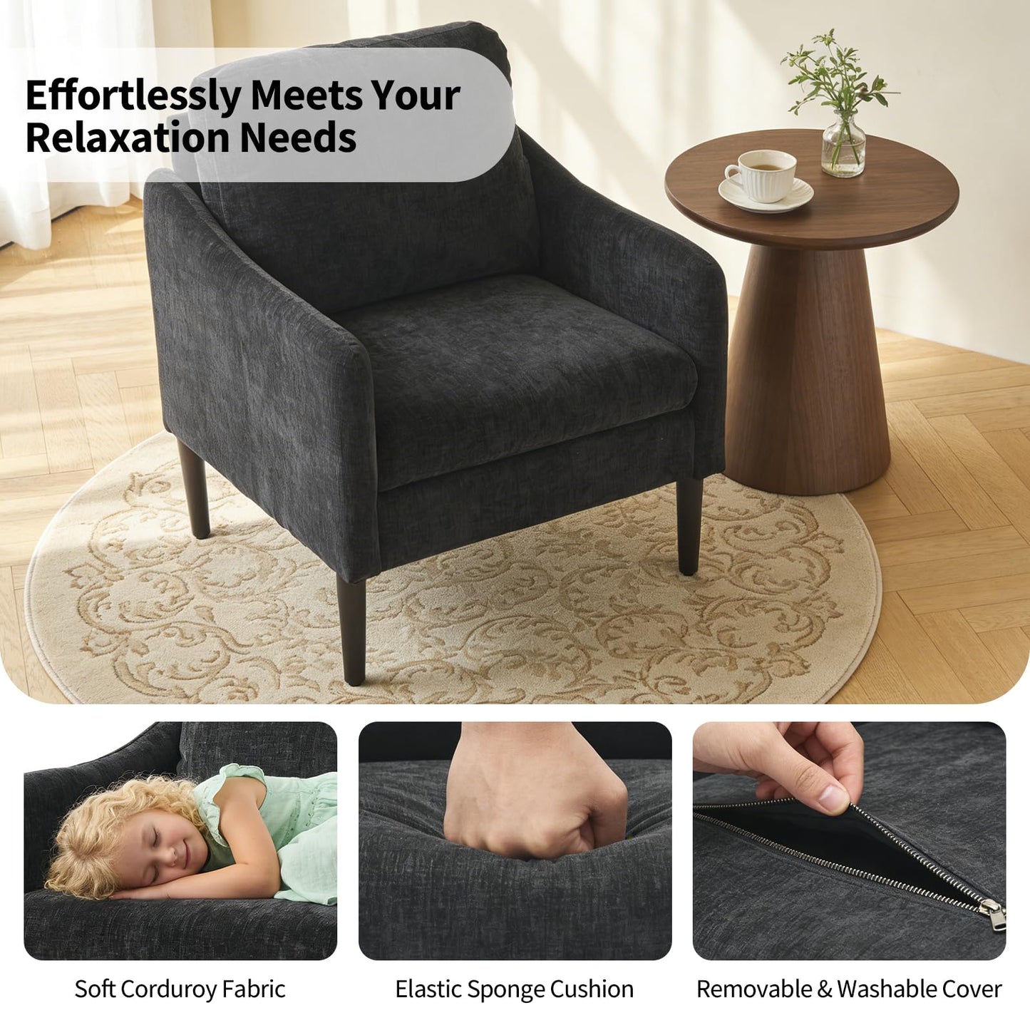 Mid-Century Modern Side Chair, Chenille Fabric Comfy Reading Chair for Adults, Curved Armchair, Modern Cloud Single Sofa Accent Chair for Bedroom, Living Room, Office & Waiting Room,Black